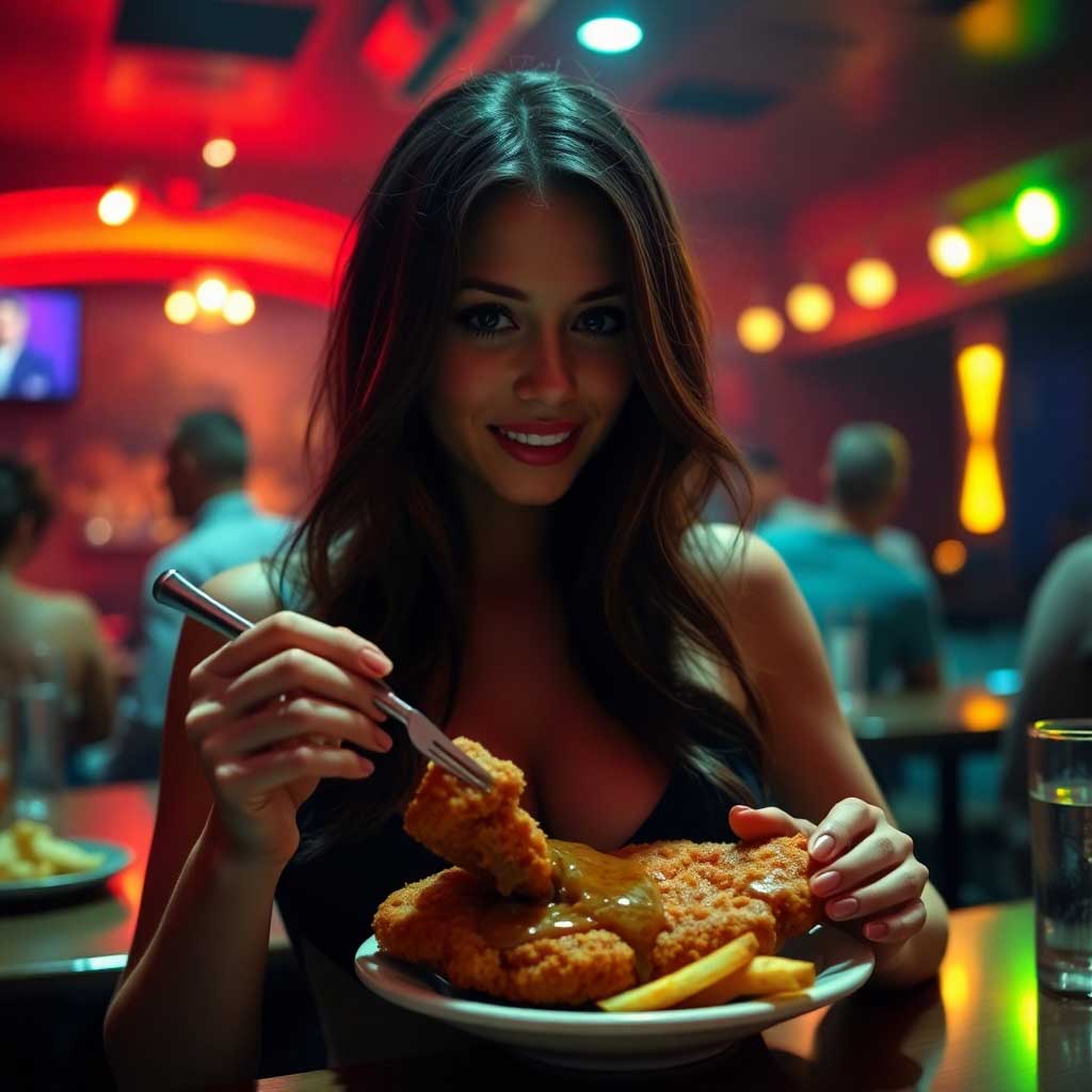 Sexy girl smiling and eating schnitzel in nightclub